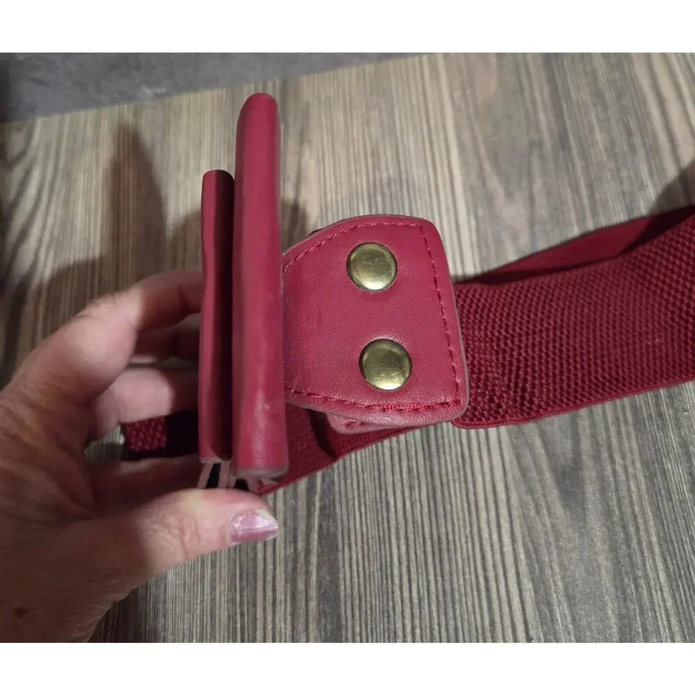 Women's Red Stretch Waist Belt Wide Elastic Bow Faux Leather Snap Closure
